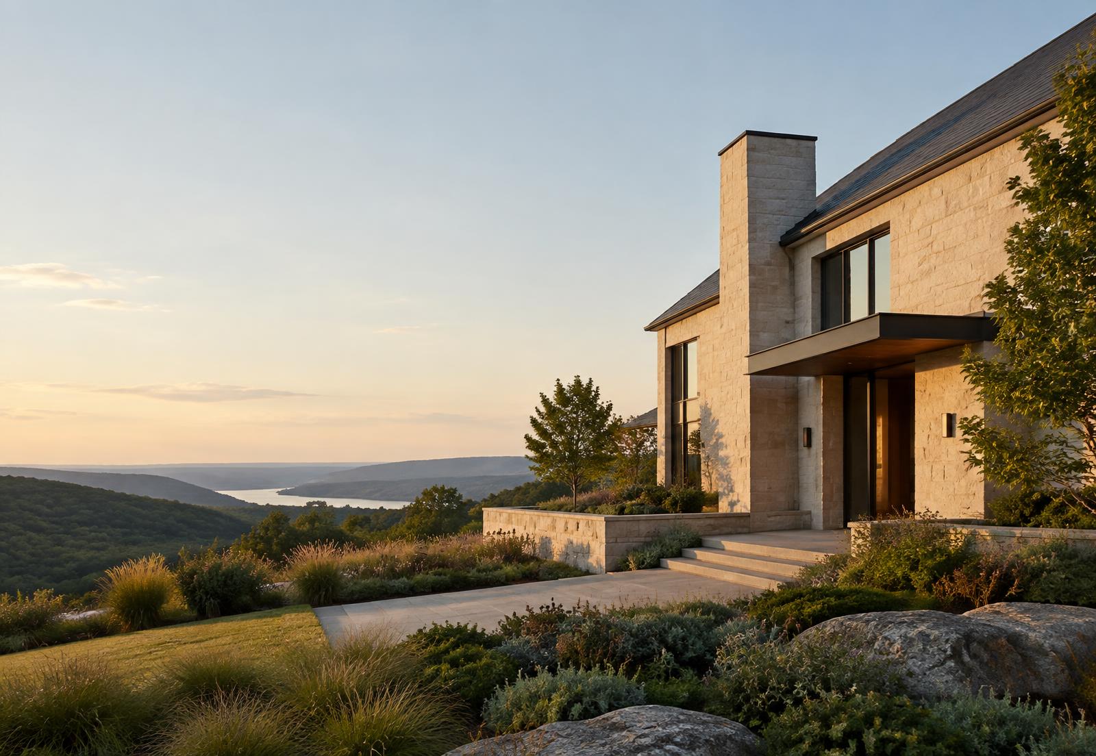 Modern stone residence overlooking the Hudson Valley